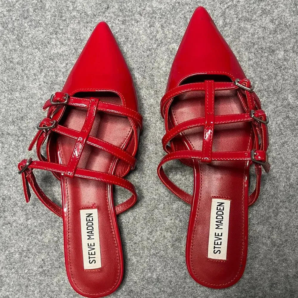 Steve Madden Shatter Red Patent Pointed Toe Buckle Ballet Mule Flats Size 6